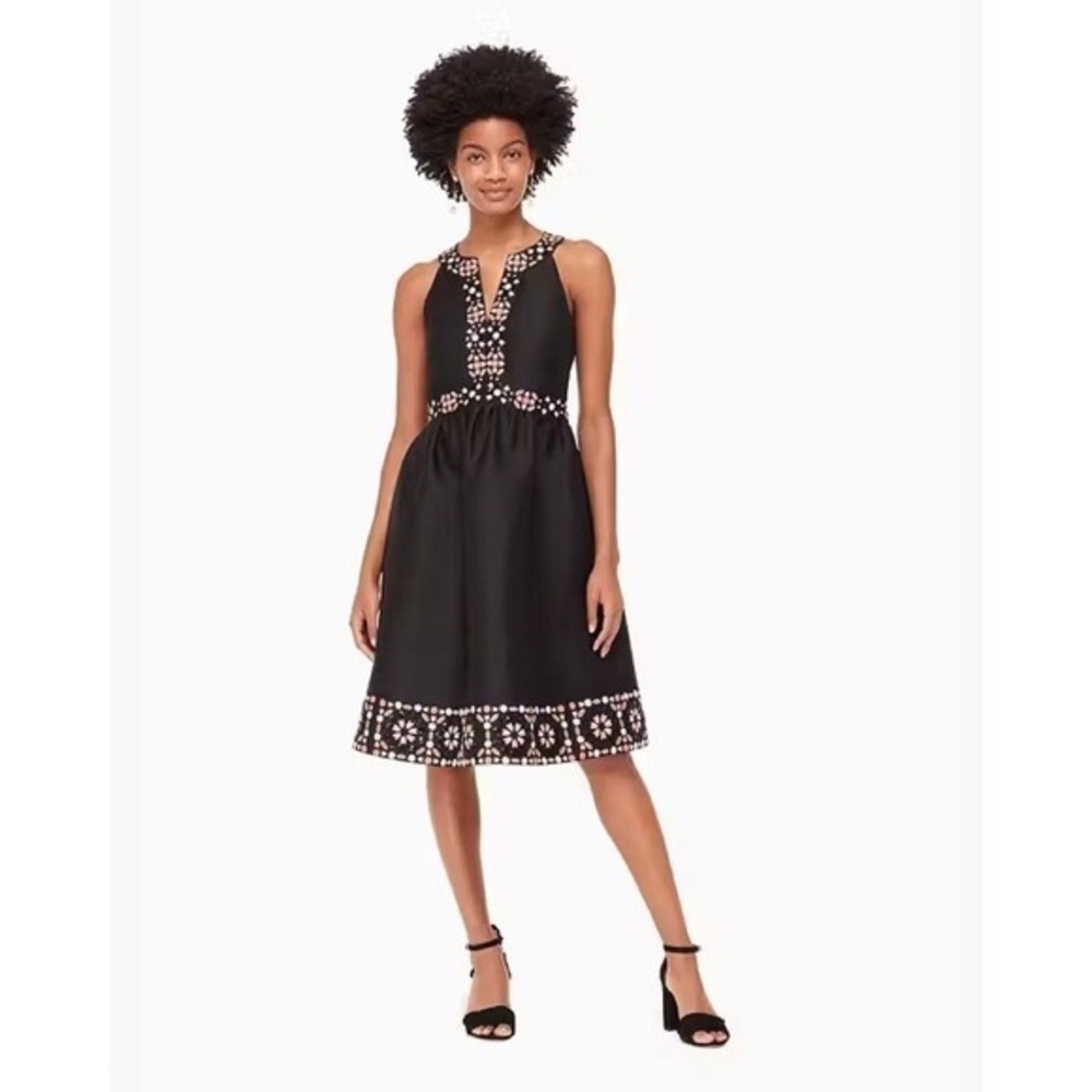 KATE SPADE Black Mosaic Embellished Embroidered Midi Dress Fit‎ N' Flare Size 0